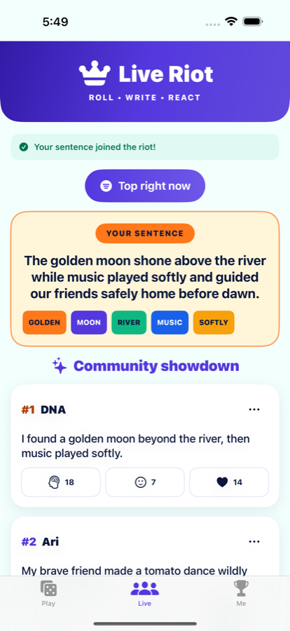Live Riot community screen displaying a submitted sentence and reaction options.