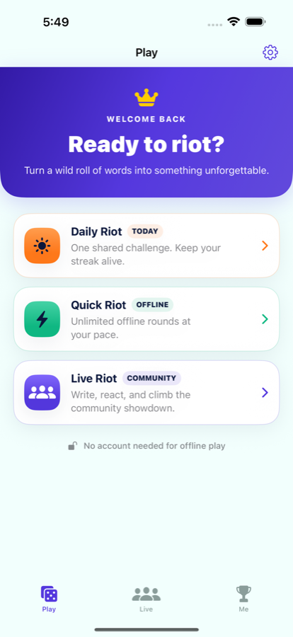 WordRiot Play screen with Daily Riot and Quick Riot options.