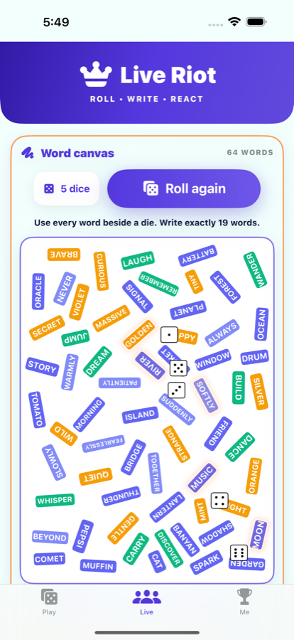 WordRiot on iPhone: a colorful word canvas with five dice and a challenge to write exactly 19 words.